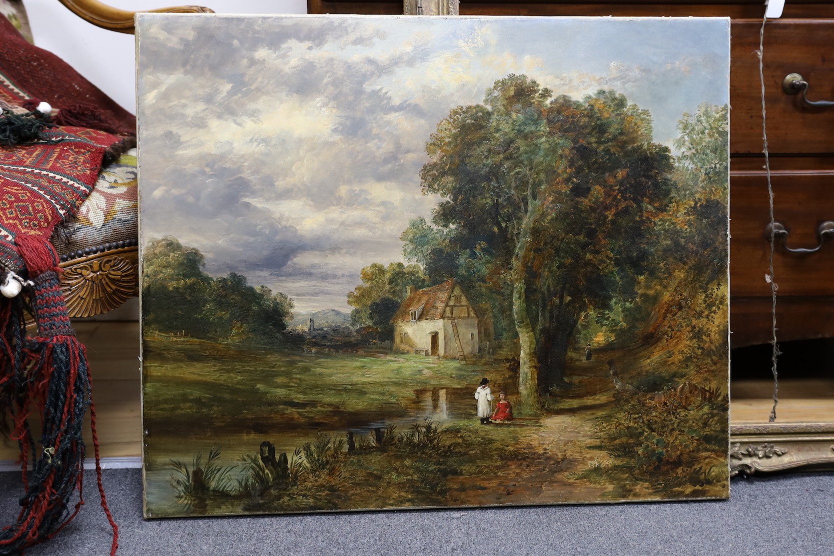 19th century English School, oil on canvas, Figures in a landscape, 64 x 77cm